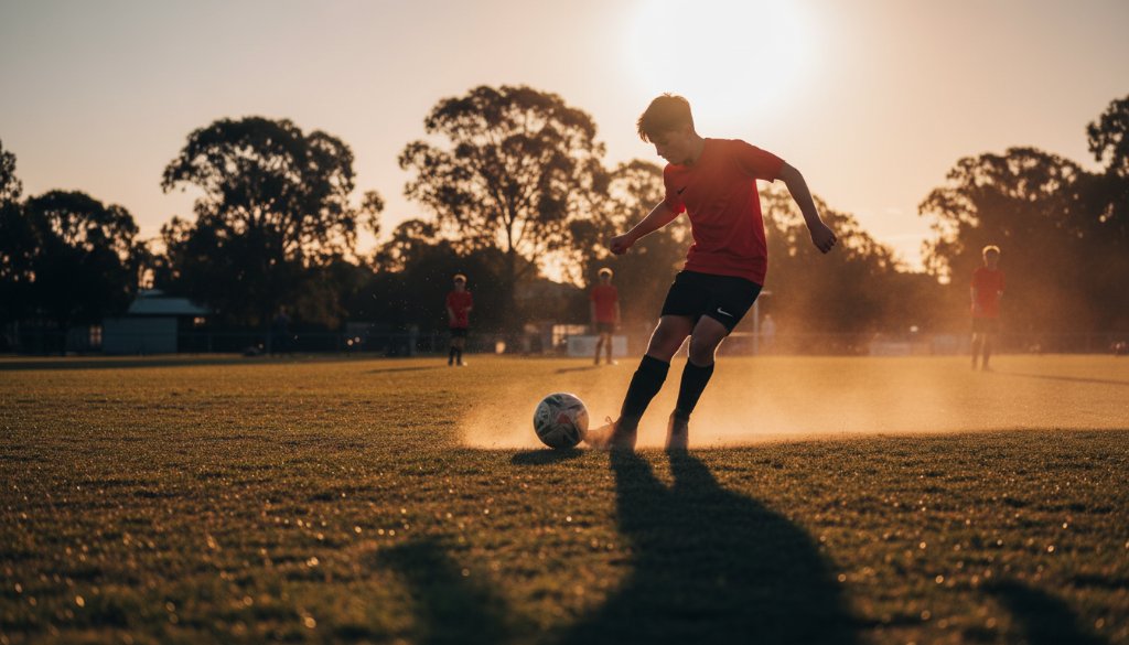 Dynamic wide-angle shot of a young soccer player in Rowville, mid-kick, under dramatic stadium lights at dusk, demonstrating the skill of capturing epic Rowville junior sports moments. The ball is in motion, dust is flying, and the athlete's focused expression is clear, with vibrant colours and a shallow depth of field.