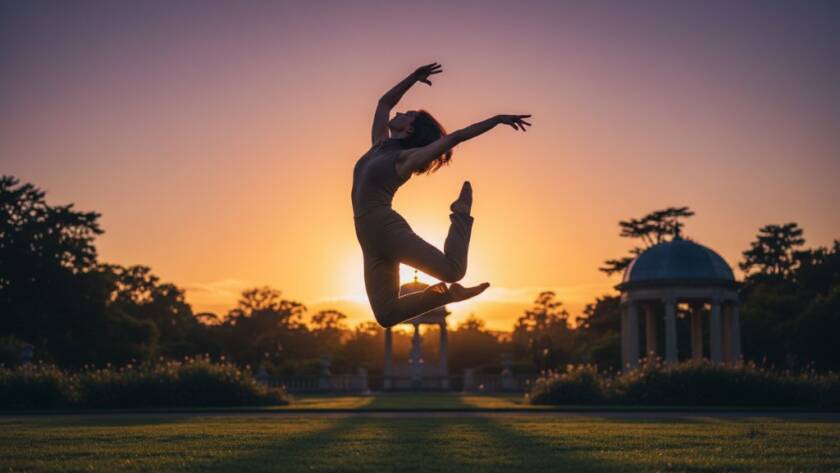 A breathtaking 'epic moment' photograph of a dancer mid-leap, dramatically lit to highlight grace and power. This image perfectly embodies capturing ethereal dance portraits Canterbury Victoria.