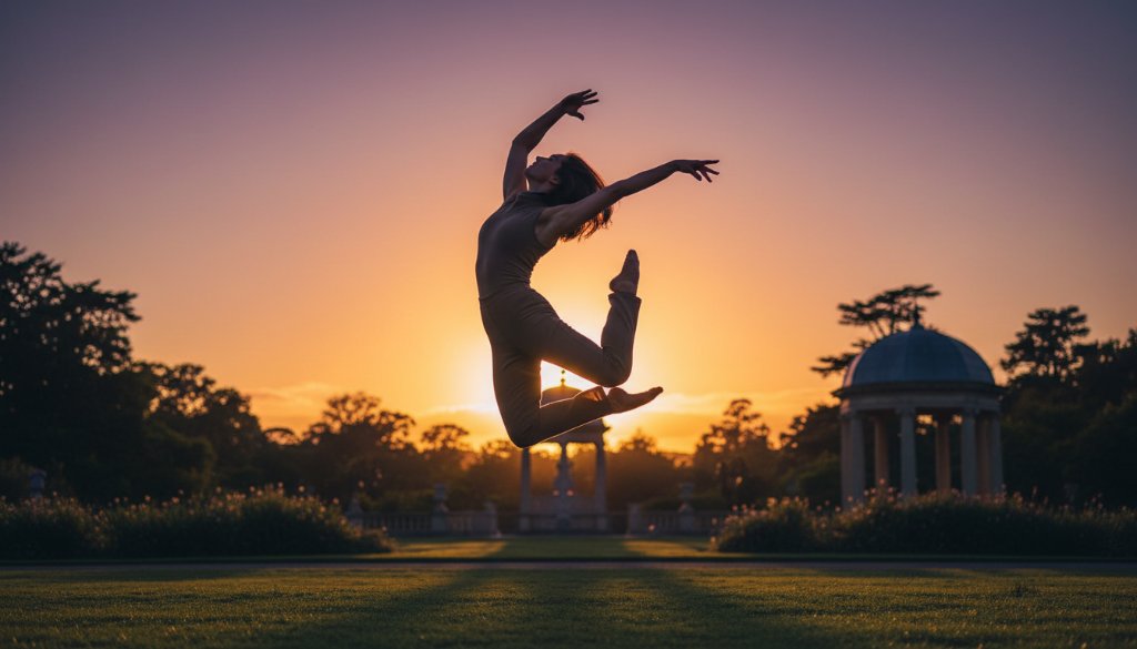 A breathtaking 'epic moment' photograph of a dancer mid-leap, dramatically lit to highlight grace and power. This image perfectly embodies capturing ethereal dance portraits Canterbury Victoria.