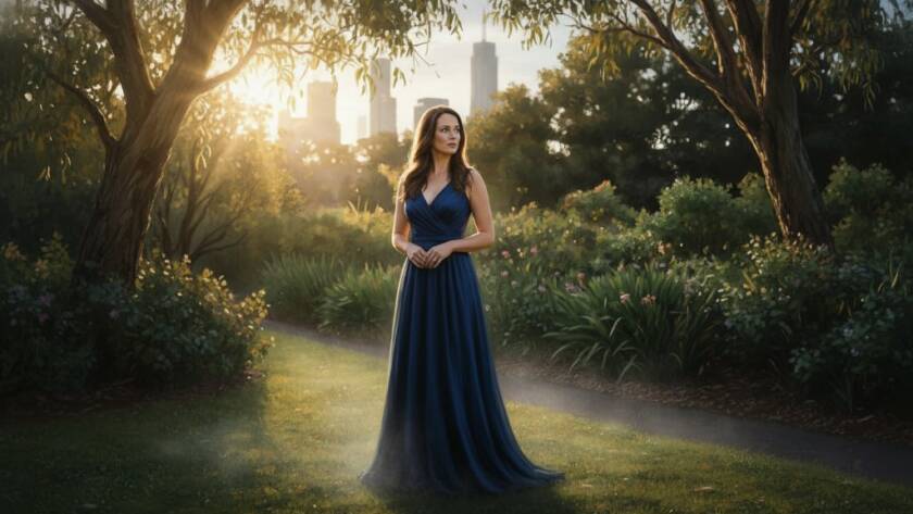 An ethereal fine art portrait of a woman amidst the tranquil, subtly lit gardens of Box Hill, Victoria, her gaze distant and thoughtful, bathed in dramatic golden hour light, embodying the essence of capturing ethereal fine art portraits Box Hill Victoria.