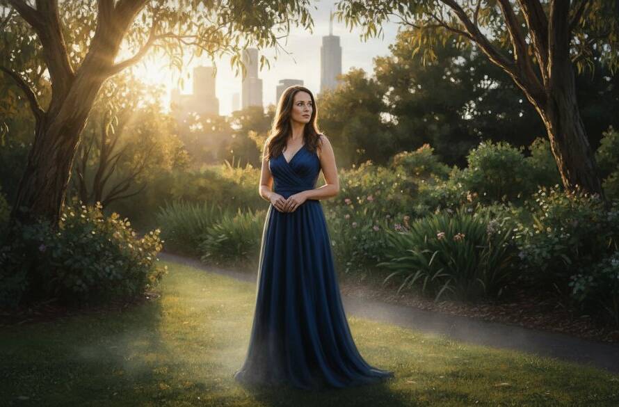 An ethereal fine art portrait of a woman amidst the tranquil, subtly lit gardens of Box Hill, Victoria, her gaze distant and thoughtful, bathed in dramatic golden hour light, embodying the essence of capturing ethereal fine art portraits Box Hill Victoria.