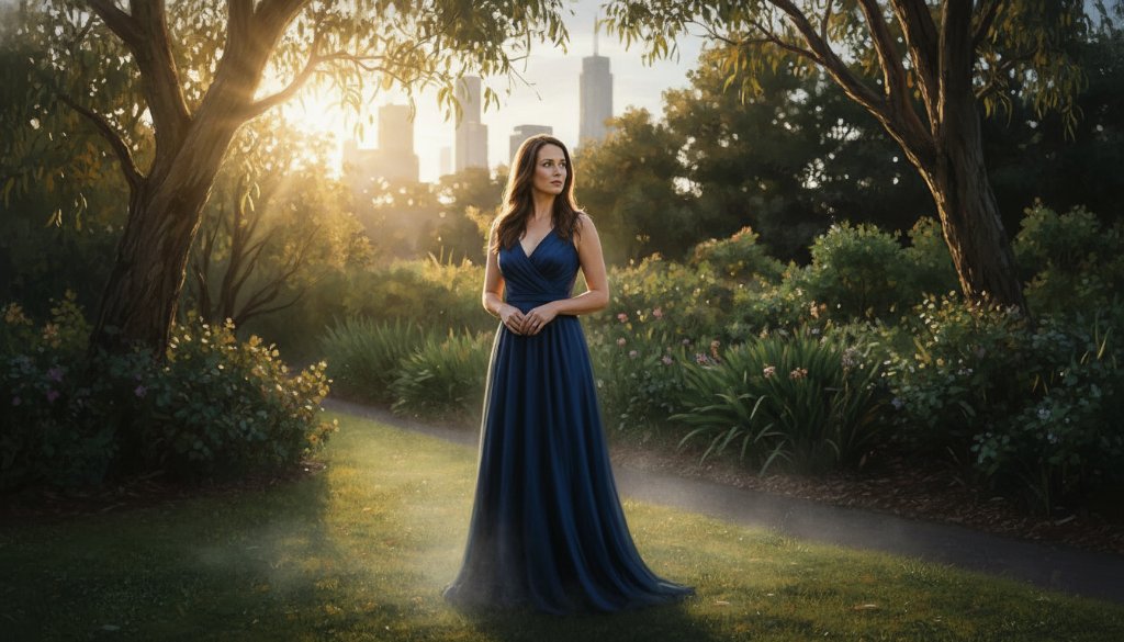 An ethereal fine art portrait of a woman amidst the tranquil, subtly lit gardens of Box Hill, Victoria, her gaze distant and thoughtful, bathed in dramatic golden hour light, embodying the essence of capturing ethereal fine art portraits Box Hill Victoria.