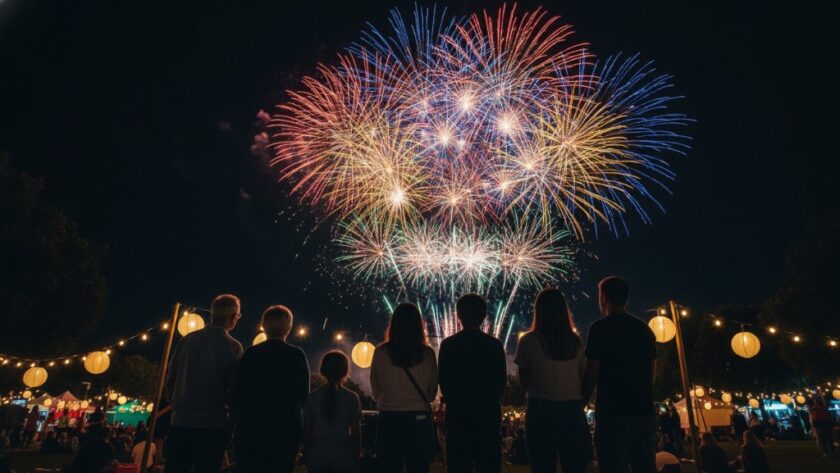 An emotionally charged, wide-angle photograph of a joyous crowd celebrating at a twilight community festival in Eureka, Victoria, bathed in warm, dramatic golden hour light, perfectly capturing Eureka Victoria's vibrant community events.