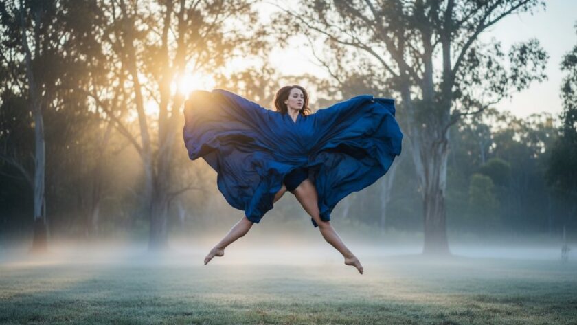 An ethereal, dramatic photograph showcasing a contemporary dancer mid-air, silhouetted against a moody, fog-kissed backdrop of Canadian's iconic native bushland at dawn, embodying the spirit of capturing expressive dance moments Canadian Victoria with powerful emotion and artistry. Dynamic pose, professional lighting, cinematic colour grade.
