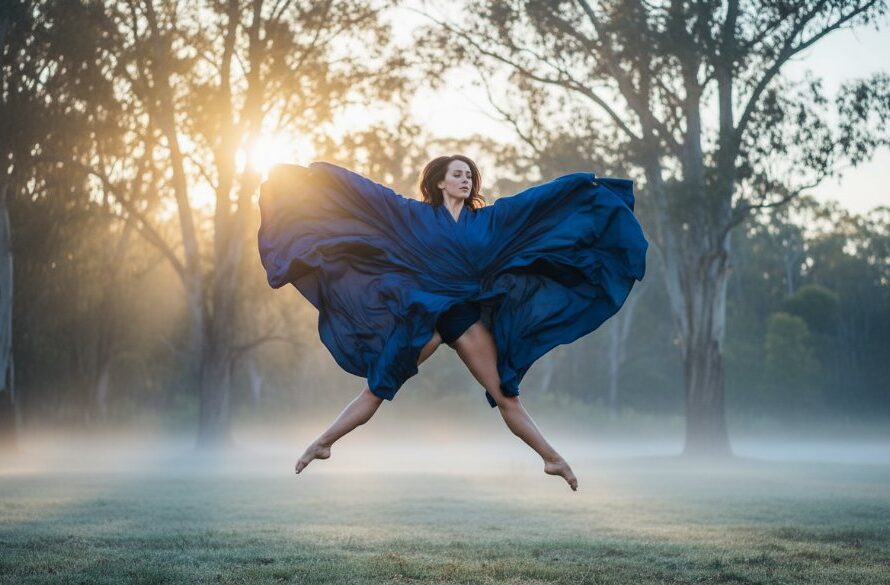An ethereal, dramatic photograph showcasing a contemporary dancer mid-air, silhouetted against a moody, fog-kissed backdrop of Canadian's iconic native bushland at dawn, embodying the spirit of capturing expressive dance moments Canadian Victoria with powerful emotion and artistry. Dynamic pose, professional lighting, cinematic colour grade.