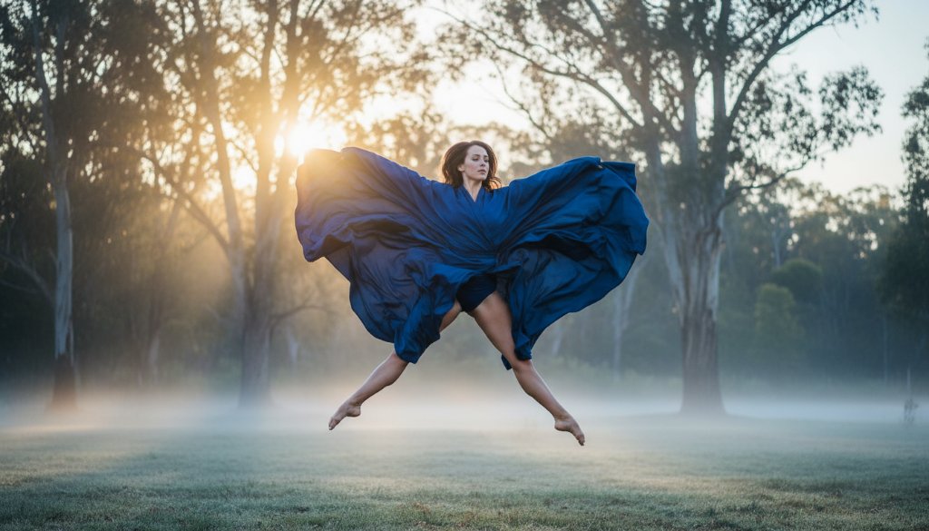 An ethereal, dramatic photograph showcasing a contemporary dancer mid-air, silhouetted against a moody, fog-kissed backdrop of Canadian's iconic native bushland at dawn, embodying the spirit of capturing expressive dance moments Canadian Victoria with powerful emotion and artistry. Dynamic pose, professional lighting, cinematic colour grade.