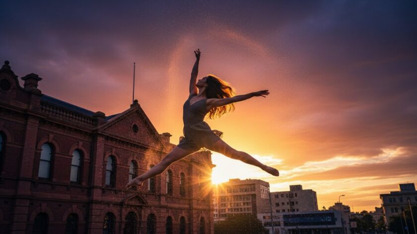 A ballet dancer mid-air, bathed in dramatic sunset light against a historic brick wall in Geelong West, showcasing the power of capturing expressive dance photography Geelong West.