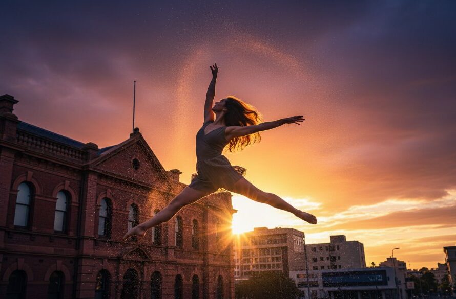 A ballet dancer mid-air, bathed in dramatic sunset light against a historic brick wall in Geelong West, showcasing the power of capturing expressive dance photography Geelong West.