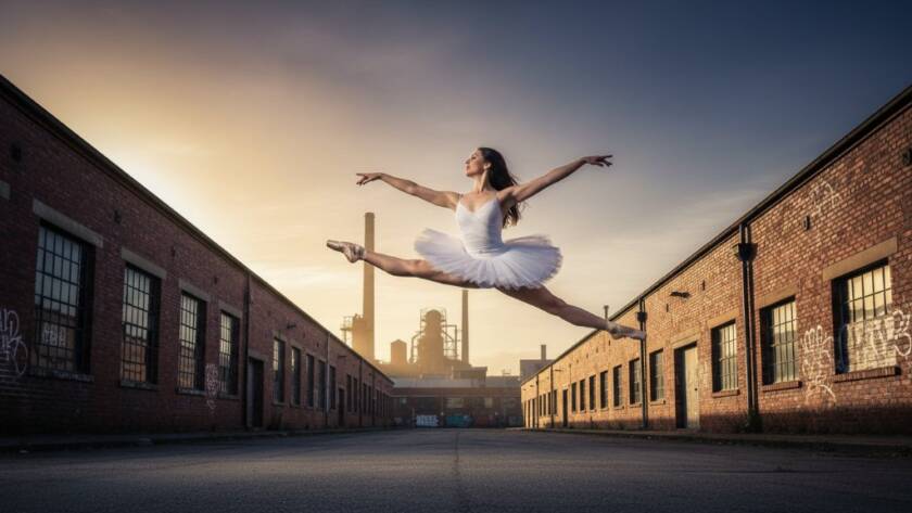 A dancer leaps gracefully mid-air, silhouetted against a dramatic sunset over Tottenham's industrial backdrop, illustrating capturing exquisite dance photography Tottenham with powerful movement and professional lighting.