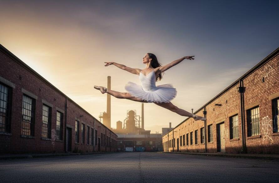 A dancer leaps gracefully mid-air, silhouetted against a dramatic sunset over Tottenham's industrial backdrop, illustrating capturing exquisite dance photography Tottenham with powerful movement and professional lighting.