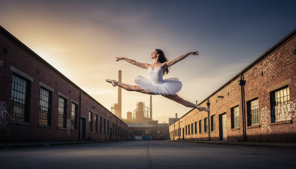 A dancer leaps gracefully mid-air, silhouetted against a dramatic sunset over Tottenham's industrial backdrop, illustrating capturing exquisite dance photography Tottenham with powerful movement and professional lighting.