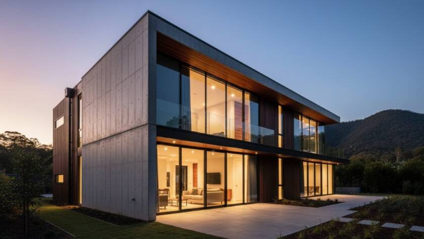 A dramatic, wide-angle shot capturing Ferntree Gully's architectural beauty of a modern residential building at dawn, with sharp lines against a vibrant sunrise sky, expertly lit to highlight its unique design.