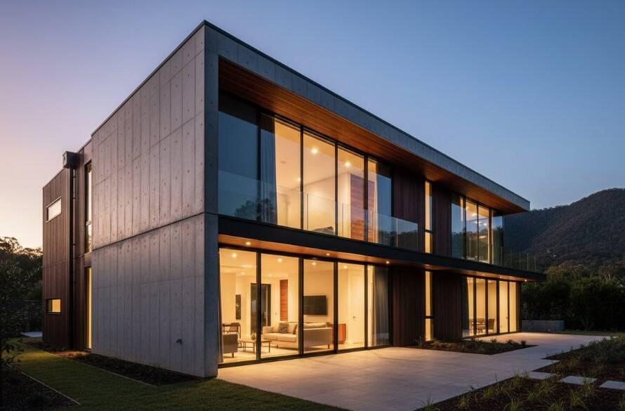 A dramatic, wide-angle shot capturing Ferntree Gully's architectural beauty of a modern residential building at dawn, with sharp lines against a vibrant sunrise sky, expertly lit to highlight its unique design.