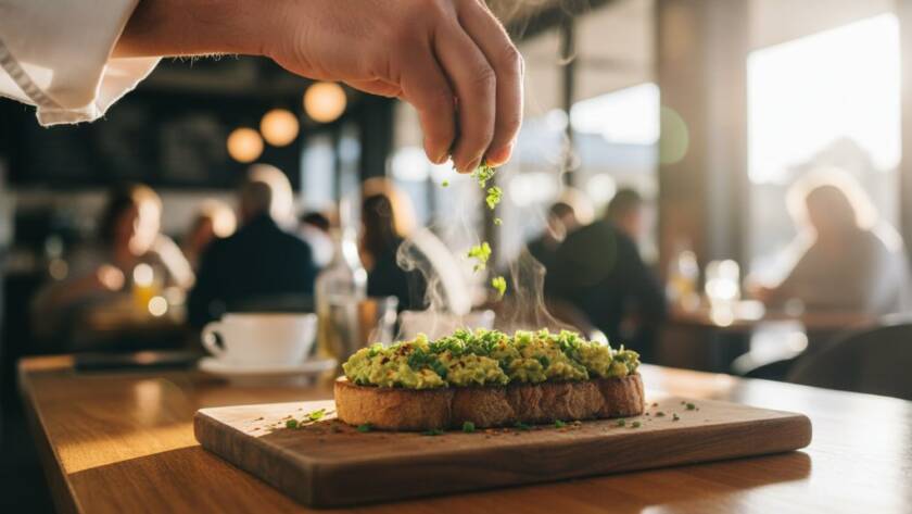 A dramatic, perfectly lit close-up of a steaming gourmet dish served at a bustling Taylors Hill cafe, with a chef's hand delicately garnishing, showcasing the art of capturing flavour: Taylors Hill food photography perfection.
