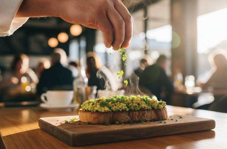 A dramatic, perfectly lit close-up of a steaming gourmet dish served at a bustling Taylors Hill cafe, with a chef's hand delicately garnishing, showcasing the art of capturing flavour: Taylors Hill food photography perfection.