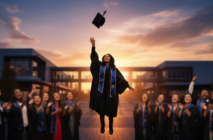 A wide-angle, cinematic photograph of a beaming graduate in academic regalia, triumphantly tossing their cap high against the vibrant evening sky over the Forest Hill Chase shopping centre, surrounded by cheering family and friends, epitomising the joy of their accomplishment during their Capturing Forest Hill Graduation Joy Photos session.