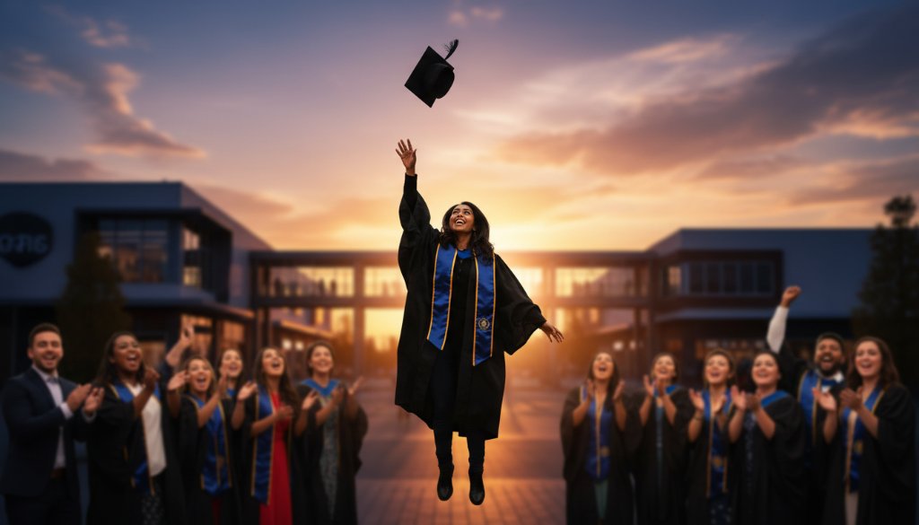 A wide-angle, cinematic photograph of a beaming graduate in academic regalia, triumphantly tossing their cap high against the vibrant evening sky over the Forest Hill Chase shopping centre, surrounded by cheering family and friends, epitomising the joy of their accomplishment during their Capturing Forest Hill Graduation Joy Photos session.