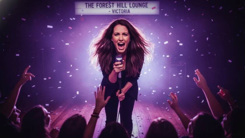 An electrifying wide-angle shot of a lead guitarist mid-shred under dramatic blue and purple stage lights, a blurred but energetic crowd in the foreground, perfectly capturing Forest Hill Victoria concert energy in an epic moment of musical passion.