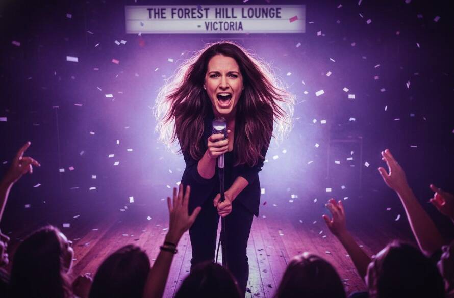 An electrifying wide-angle shot of a lead guitarist mid-shred under dramatic blue and purple stage lights, a blurred but energetic crowd in the foreground, perfectly capturing Forest Hill Victoria concert energy in an epic moment of musical passion.