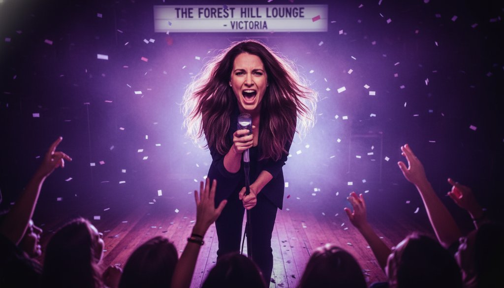 An electrifying wide-angle shot of a lead guitarist mid-shred under dramatic blue and purple stage lights, a blurred but energetic crowd in the foreground, perfectly capturing Forest Hill Victoria concert energy in an epic moment of musical passion.