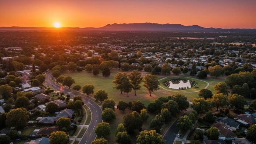 A dramatic aerial shot capturing Forest Hill's beauty with drone photography, showcasing golden hour light illuminating the leafy residential streets, a serene park, and distant Dandenong Ranges under a vibrant sunset sky, professionally color-graded.