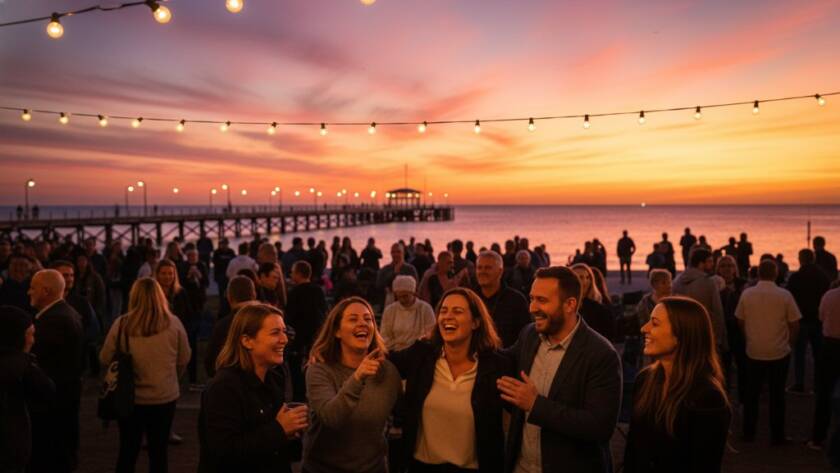 An epic moment captured in Frankston event photography, showing a joyous crowd celebrating under a sunset sky on the Frankston waterfront, highlighting the vibrant atmosphere with professional colour grading. Capturing Frankston event moments.