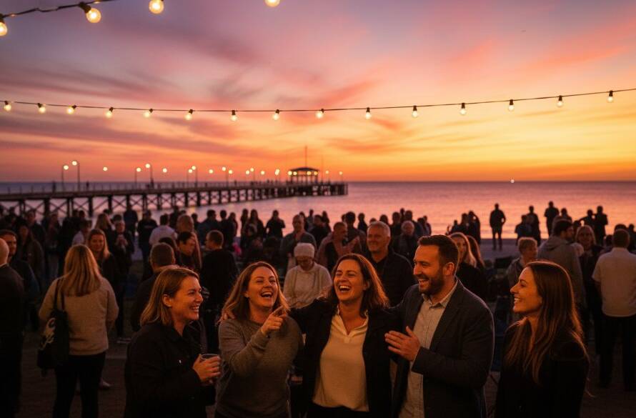 An epic moment captured in Frankston event photography, showing a joyous crowd celebrating under a sunset sky on the Frankston waterfront, highlighting the vibrant atmosphere with professional colour grading. Capturing Frankston event moments.