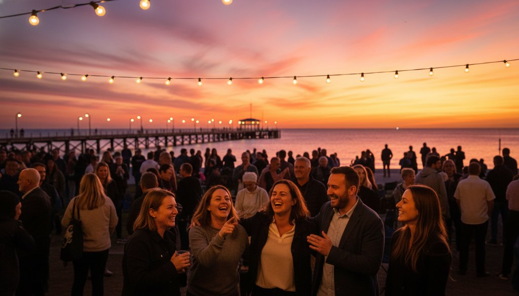An epic moment captured in Frankston event photography, showing a joyous crowd celebrating under a sunset sky on the Frankston waterfront, highlighting the vibrant atmosphere with professional colour grading. Capturing Frankston event moments.