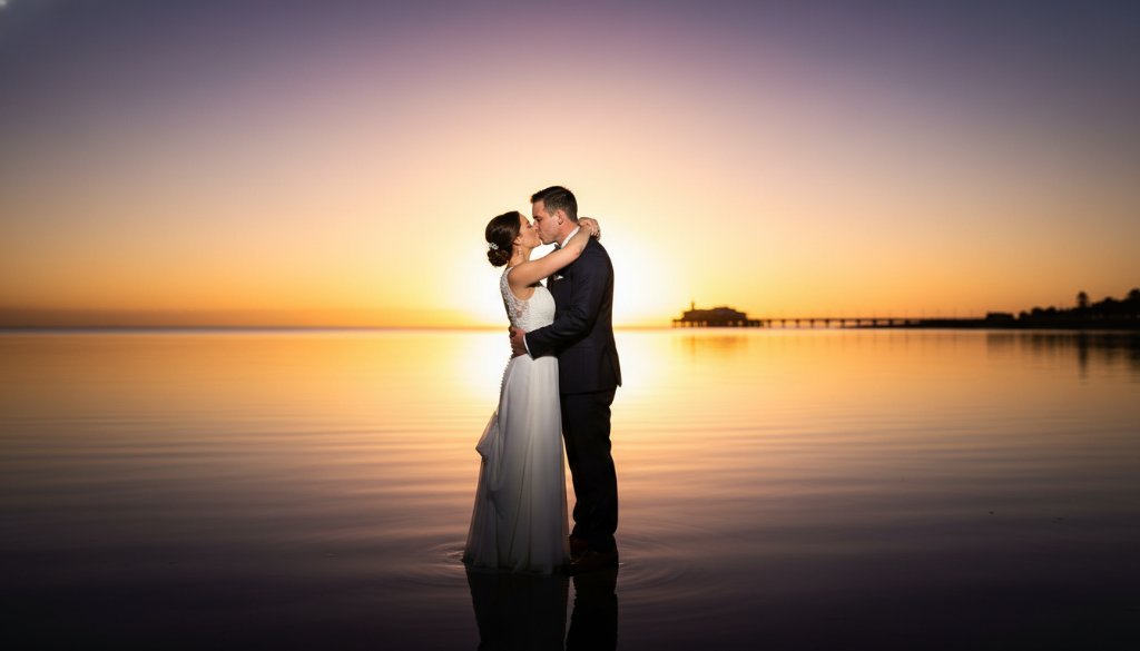 A newlywed couple shares an intimate, joyful kiss at sunset on Frankston foreshore, with dramatic golden light, showcasing the magic of Capturing Frankston foreshore wedding magic, professional color grading, cinematic style.