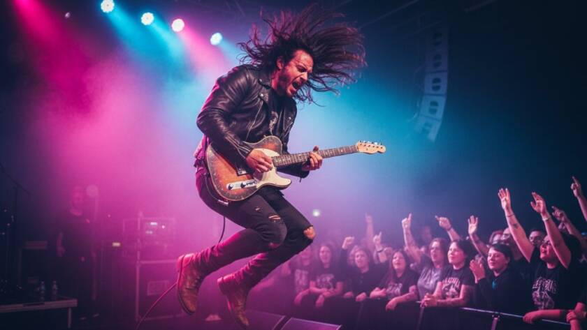 Dramatic wide shot of a lead guitarist mid-solo on stage, bathed in vibrant red and blue stage lights, with an energetic crowd visible in the foreground, perfectly capturing Frankston South's live music soul at a local venue.