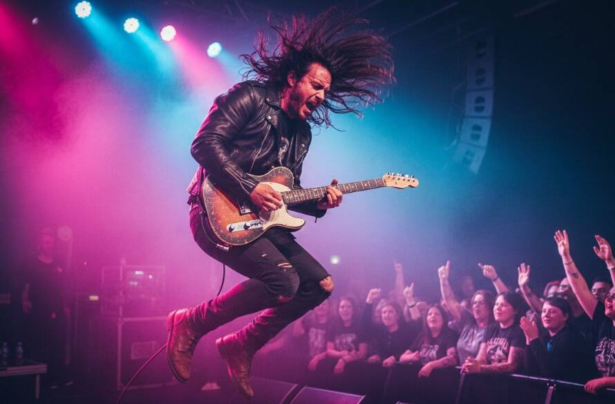 Dramatic wide shot of a lead guitarist mid-solo on stage, bathed in vibrant red and blue stage lights, with an energetic crowd visible in the foreground, perfectly capturing Frankston South's live music soul at a local venue.