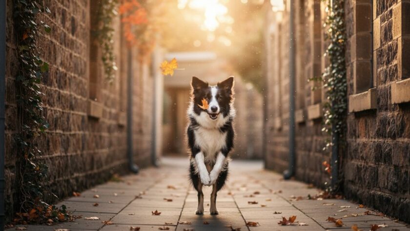 A professional, cinematic photograph of a golden retriever joyfully bounding through the autumn leaves on a historic street in Kilmore, Victoria, embodying the spirit of capturing furry joy Kilmore historic pet photography memories. Dramatic golden hour lighting illuminates its happy expression and dynamic movement.