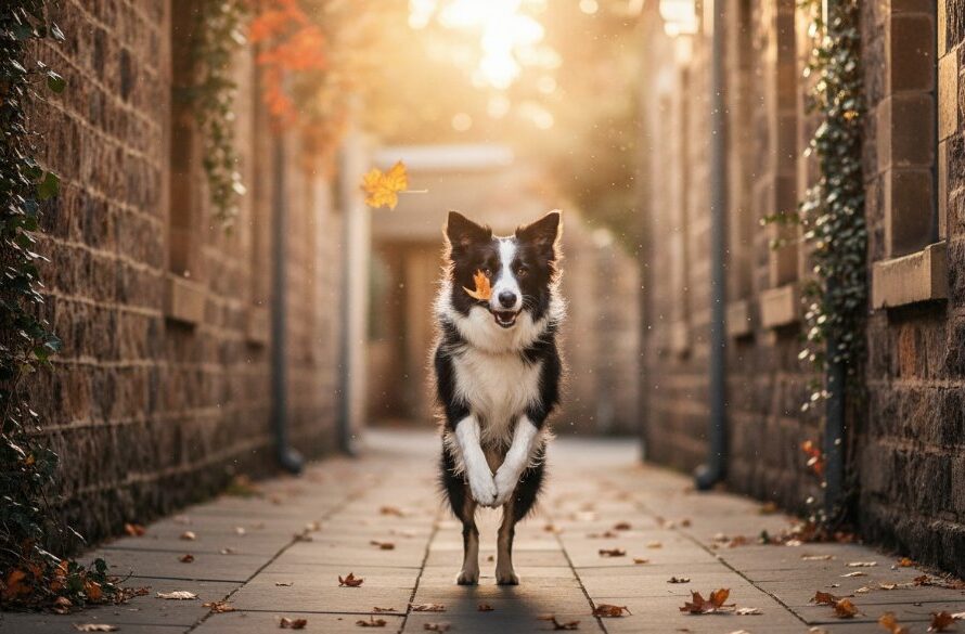 A professional, cinematic photograph of a golden retriever joyfully bounding through the autumn leaves on a historic street in Kilmore, Victoria, embodying the spirit of capturing furry joy Kilmore historic pet photography memories. Dramatic golden hour lighting illuminates its happy expression and dynamic movement.
