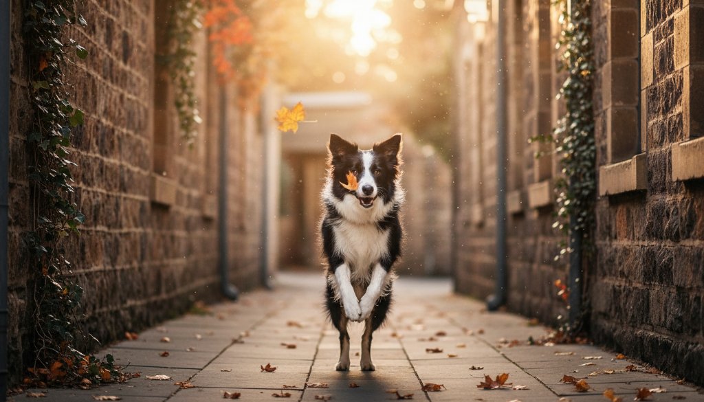 A professional, cinematic photograph of a golden retriever joyfully bounding through the autumn leaves on a historic street in Kilmore, Victoria, embodying the spirit of capturing furry joy Kilmore historic pet photography memories. Dramatic golden hour lighting illuminates its happy expression and dynamic movement.