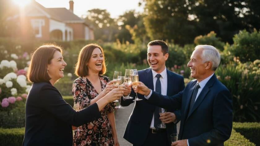 Dynamic close-up shot of guests laughing heartily at a beautifully decorated Gardenvale event, illuminated by warm, dramatic evening light, perfectly capturing Gardenvale's Vibrant Event Memories with genuine joy.