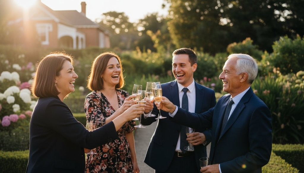 Dynamic close-up shot of guests laughing heartily at a beautifully decorated Gardenvale event, illuminated by warm, dramatic evening light, perfectly capturing Gardenvale's Vibrant Event Memories with genuine joy.