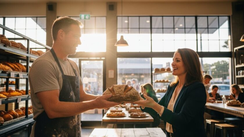 A dynamic wide shot illustrating capturing Geelong's vibrant stories editorial photography, featuring a local entrepreneur in a modern Geelong cafe, intensely engaged with a customer while professional photography equipment subtly captures the authentic interaction with dramatic natural light filtering in.