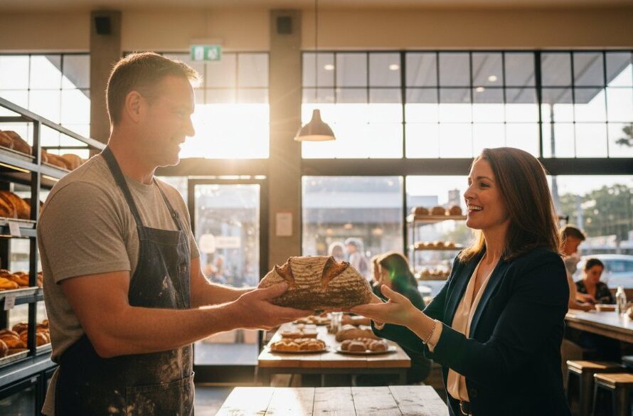 A dynamic wide shot illustrating capturing Geelong's vibrant stories editorial photography, featuring a local entrepreneur in a modern Geelong cafe, intensely engaged with a customer while professional photography equipment subtly captures the authentic interaction with dramatic natural light filtering in.