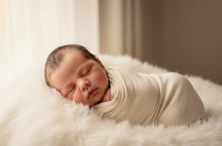 A stunning, soft-focus portrait capturing gentle newborn moments in Forest Hill, depicting a sleeping baby swaddled in natural fibres, bathed in warm, ethereal window light, professionally colour-graded for a timeless, artistic feel.