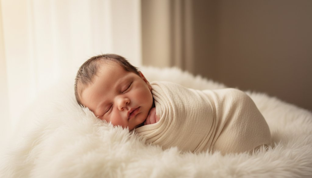 A stunning, soft-focus portrait capturing gentle newborn moments in Forest Hill, depicting a sleeping baby swaddled in natural fibres, bathed in warm, ethereal window light, professionally colour-graded for a timeless, artistic feel.