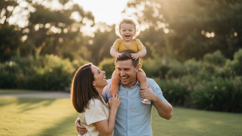 A joyous family laughing spontaneously in a sun-drenched Berwick park, capturing genuine Berwick candid photography moments, with the parents playfully lifting their child, professional photography with dramatic lighting and warm colour grading.
