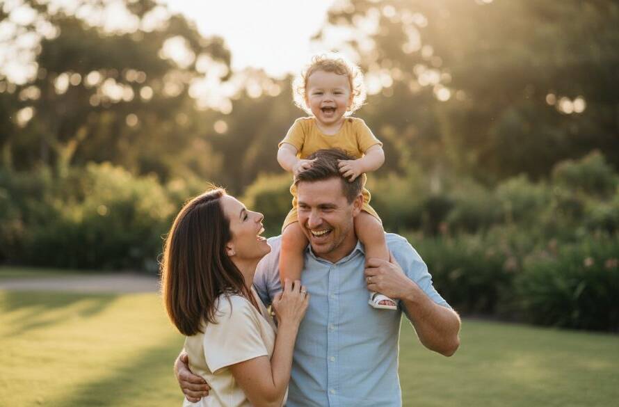 A joyous family laughing spontaneously in a sun-drenched Berwick park, capturing genuine Berwick candid photography moments, with the parents playfully lifting their child, professional photography with dramatic lighting and warm colour grading.