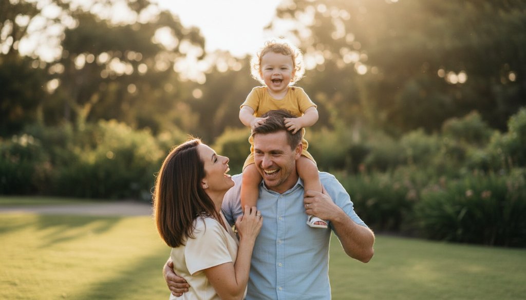 A joyous family laughing spontaneously in a sun-drenched Berwick park, capturing genuine Berwick candid photography moments, with the parents playfully lifting their child, professional photography with dramatic lighting and warm colour grading.
