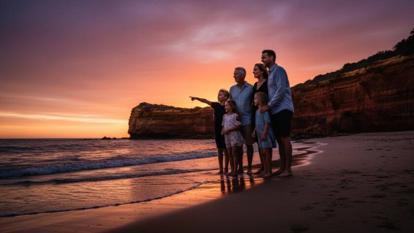 A breathtaking wide shot of a family laughing joyfully on Black Rock beach at sunset, silhouetted against a golden sky and the iconic Black Rock clock tower in the distance, embodying capturing genuine Black Rock coastal candid photography.