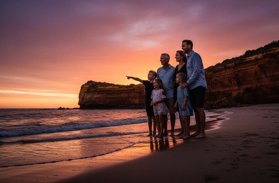 A breathtaking wide shot of a family laughing joyfully on Black Rock beach at sunset, silhouetted against a golden sky and the iconic Black Rock clock tower in the distance, embodying capturing genuine Black Rock coastal candid photography.