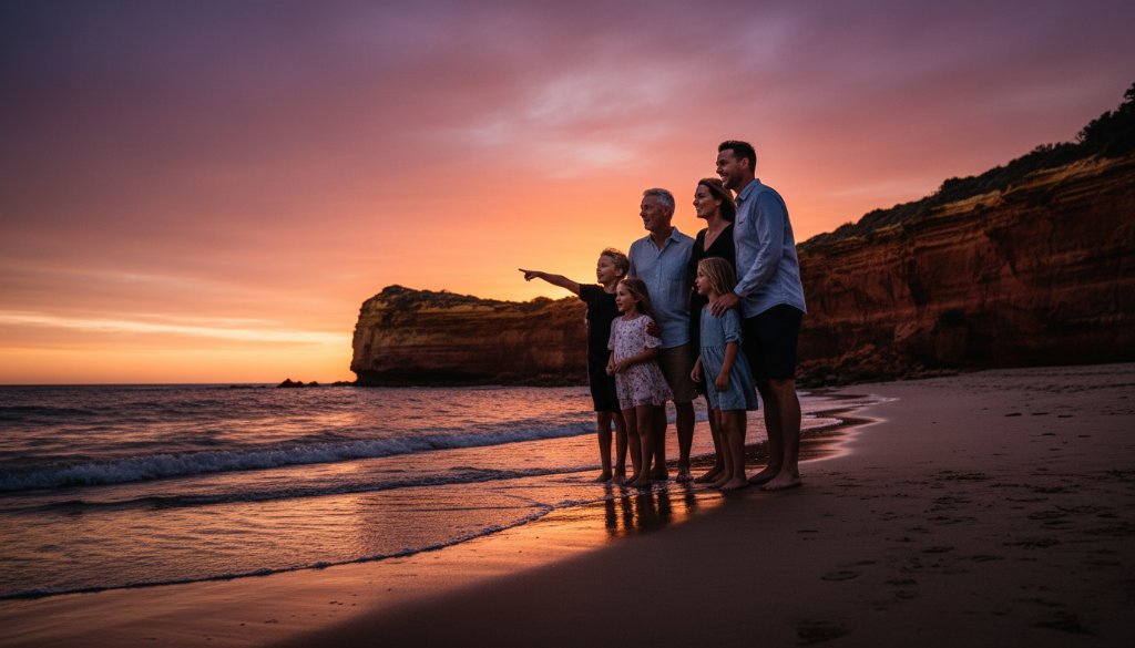 A breathtaking wide shot of a family laughing joyfully on Black Rock beach at sunset, silhouetted against a golden sky and the iconic Black Rock clock tower in the distance, embodying capturing genuine Black Rock coastal candid photography.