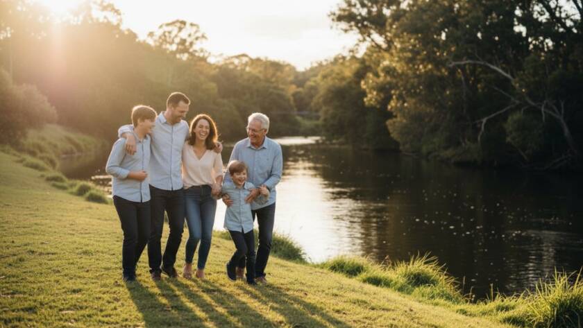 An emotional, candid photograph of a family laughing joyfully together during golden hour by the Yarra River in Bulleen, perfectly capturing genuine Bulleen candid life photography with warm, cinematic tones.