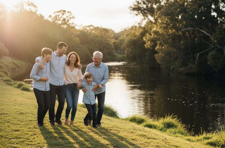 An emotional, candid photograph of a family laughing joyfully together during golden hour by the Yarra River in Bulleen, perfectly capturing genuine Bulleen candid life photography with warm, cinematic tones.