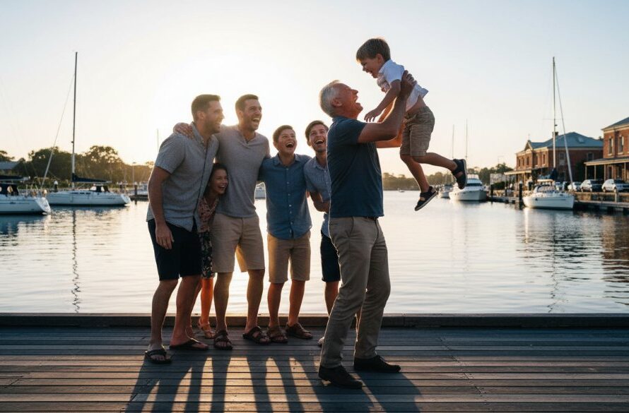 A heartwarming, epic moment capturing genuine candid family moments Sale VIC, with a family laughing joyfully under golden hour light near the Port of Sale, showcasing natural connection and beautiful Gippsland scenery.