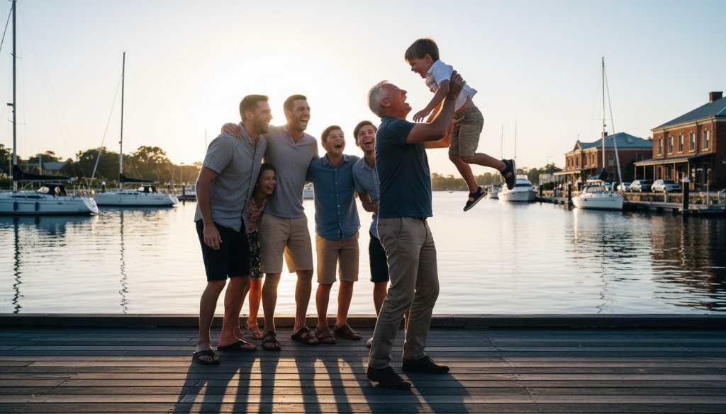 A heartwarming, epic moment capturing genuine candid family moments Sale VIC, with a family laughing joyfully under golden hour light near the Port of Sale, showcasing natural connection and beautiful Gippsland scenery.
